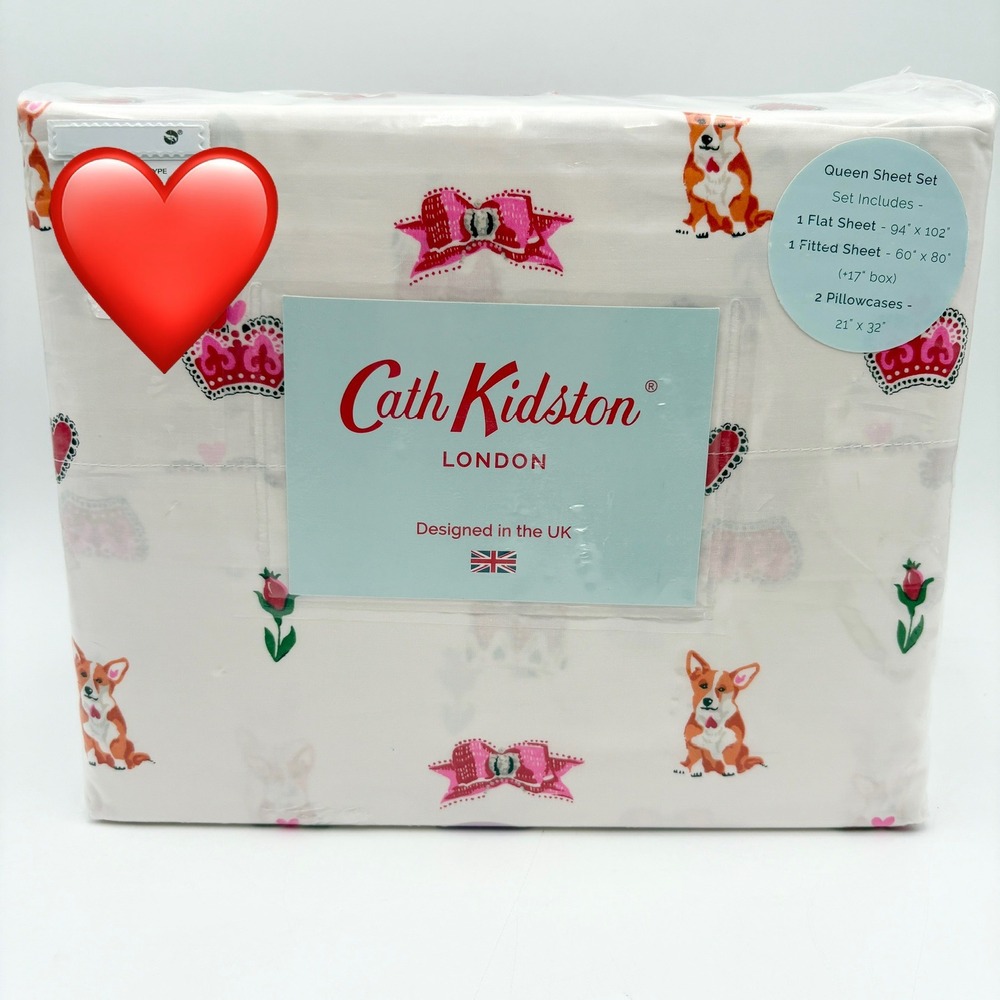 Cath Kidston Royal Ditsy Ruby Queen Sheet Set Corgi Crowns Bows Roses New‎